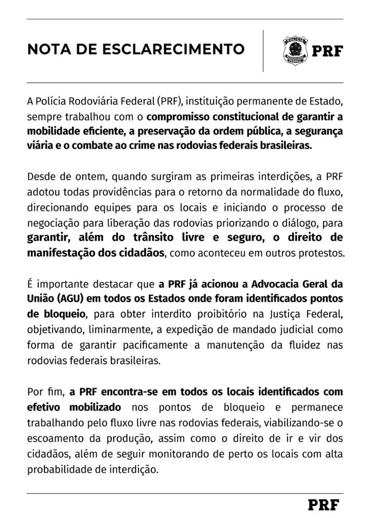 PRF PUBLICA NOTA DE ESCLARECIMENTO SOBRE MANIFESTAÇÕES NAS RODOVIAS